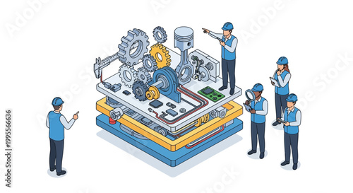 Isometric vector illustration depicting a team of engineers inspecting a complex mechanical assembly diagram with gears, pistons, and fasteners, against a clean white background