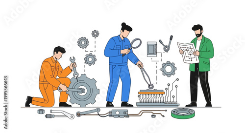 Flat vector illustration of three mechanics working on a complex machine assembly, using tools and a technical drawing, isolated on a clean white background with a bright and focused visual