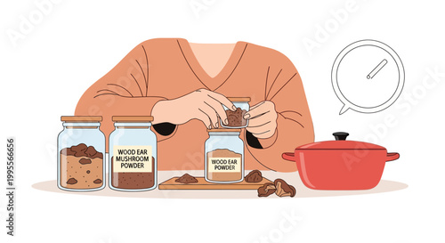 Person preparing mushroom powder for cooking, healthy food ingredients