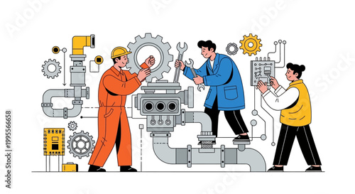 Technical vector illustration depicting three workers assembling mechanical parts, showcasing a complex machinery diagram with gears and shafts, set against a clean white background