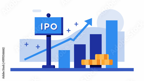 Illustration of an ipo process with growth and financial investment charts