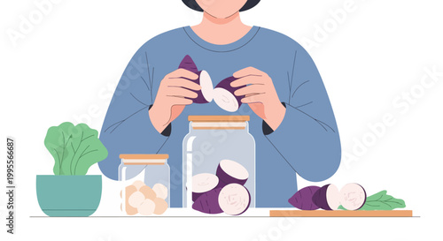 Person preparing purple sweet potatoes for storage in jars, healthy food concept