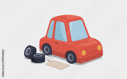 A red car is changing a tire on a flat surface with tools.