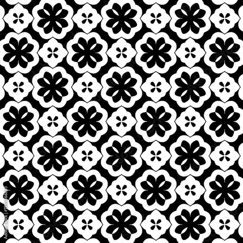 Seamless Black and White Bold Geometric Dual Size Floral Six Petal Scallop Pattern
