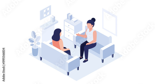 Therapy session: two women talking on sofas in a bright, modern office
