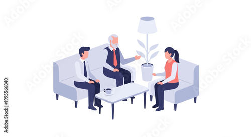 Therapy session with family, counselor talking to couple on couch, mental health support