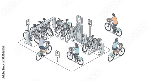 Urban bike sharing station with people riding bicycles, eco-friendly transport concept