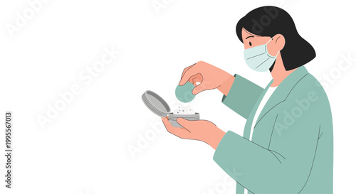 Woman in face mask applying powder makeup from compact mirror, hygiene and beauty concept