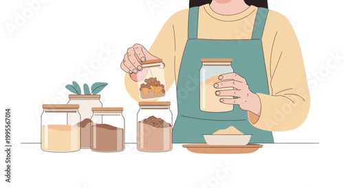 Woman organizing pantry with glass jars filled with food, sustainable kitchen