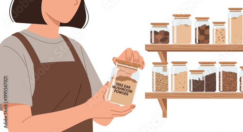 Woman organizing pantry with glass jars of food and mushroom powder