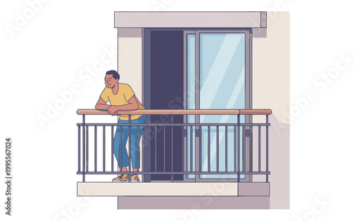 Man leaning on balcony railing looking outside at daytime