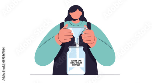 Woman pouring mushroom powder into jar with funnel, healthy lifestyle, organic food preparation