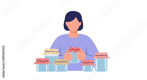 Woman preserving food in jars, homemade canning, healthy eating, sustainable living, kitchen hobby