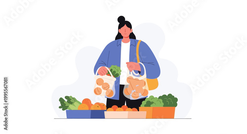Woman shopping for fresh produce at a farmers market, carrying reusable bags