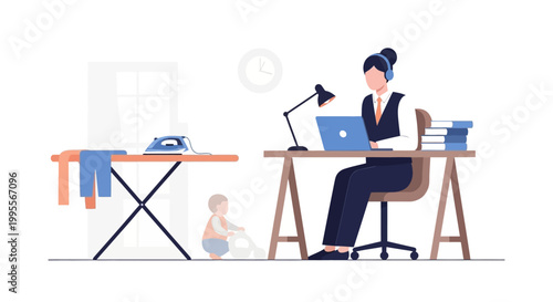 Woman working from home with child and ironing board, multitasking concept
