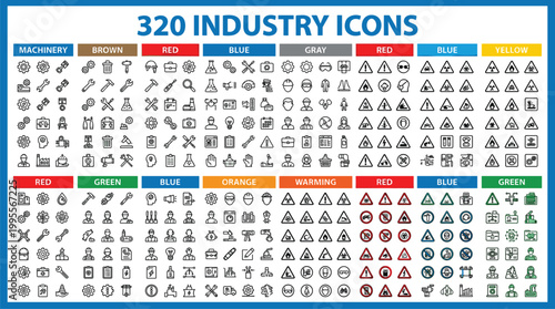 Comprehensive industry icon set featuring machinery tools safety warnings construction symbols engineering elements and industrial line vector collection