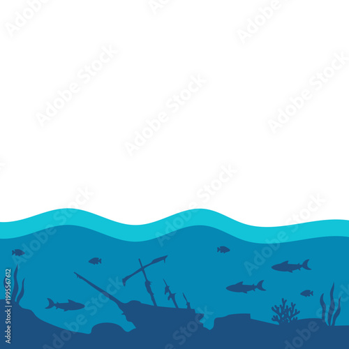 Underwater sea landscape with sunken shipwreck and fish
