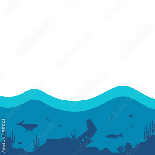 Blue Underwater Ocean Scene with Whale and Waves Vector Illustration