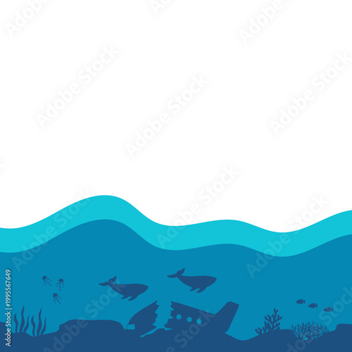 Underwater Ocean Scene with Sunken Plane and Whales