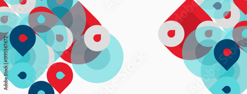 Abstract design features overlapping circles, red, blue, gray hues. Minimalist style creates modern visual impact. Clean background enhances shapes.