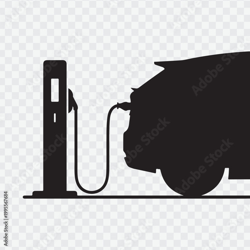 Man charging an electric vehicle at a charging station depicted in a dark silhouette vector