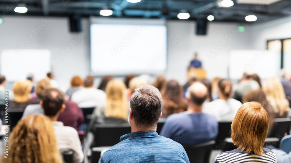 Fototapeta premium Audience listening to an expert speaker during a professional conference, a seminar, or an educational training event