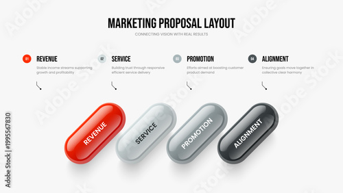 Creative Briefing Frame Layout Vector Illustration. Sales Proposal 4 Step Diagram Slide Design. Advertising Strategy Four Element Infographic Presentation Template.