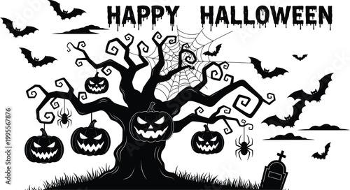 A spooky halloween scene featuring pumpkins bats spiders and a tree