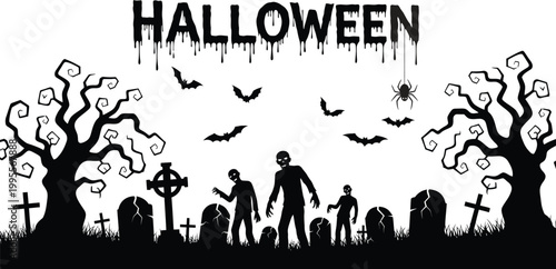 Spooky halloween scene with zombies bats and a graveyard silhouette