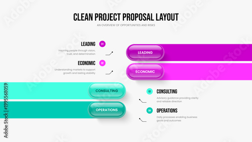 Marketing Report Four Element Infographic Presentation Design. Modern Launch 4 Option Diagram Frame Layout. Service Innovation Slideshow Template Vector Illustration.
