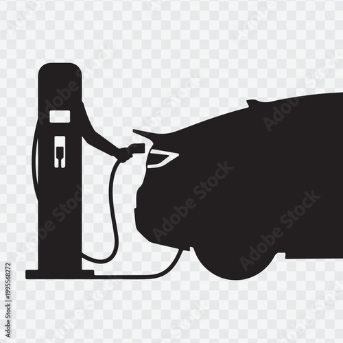 Man charging an electric vehicle at a charging station depicted in a dark silhouette vector