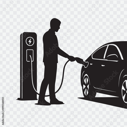 Man charging an electric vehicle at a charging station depicted in a dark silhouette vector