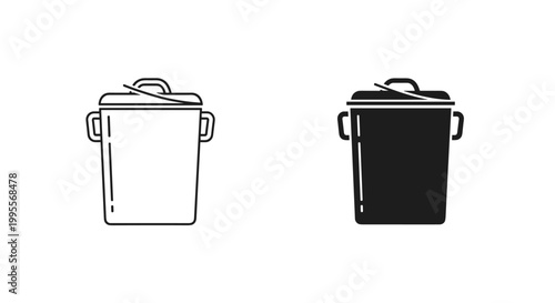 Minimalist trash can icons set, black and white garbage bin vector illustrations, waste container symbols for UI design and sanitation signage