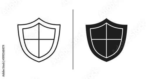 Minimalist shield icons for cybersecurity and data protection, black and white security symbol set, heraldic guard vector elements for web design