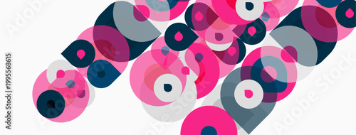 Abstract composition. Overlapping circles, pink, gray, white hues create dynamic pattern. Modern design, simple shapes dominate.