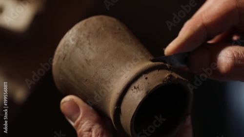 A close-up of hands shaping a clay pot using a tool, highlighting the craftsmanship of handmade pottery.