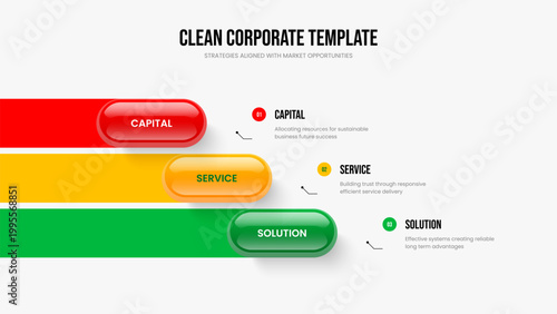 Advertising Performance Slideshow Design Vector Illustration. Enterprise Visualization 3 Element Diagram Slide Template. Visual Insight Three Option Infographic Presentation Layout.