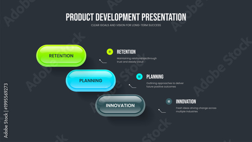 Digital Visualization 3 Step Diagram Frame Design. Company Portfolio Three Element Infographic Presentation Template. Enterprise Growth Slideshow Layout Vector Illustration.