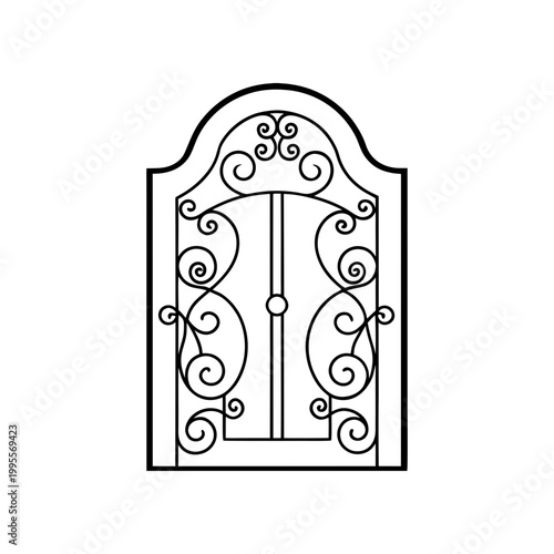 Ornate wrought iron gate with scrollwork on transparent background silhouette