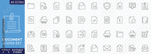 Document Line Editable Icons set. Containing paper, document, archive, folder, legal document, clipboard, mail, Etc . Fully Editable. Vector illustration.