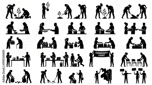 Massive collection of community volunteer silhouettes featuring people planting trees, serving food, cleaning litter, helping elderly, and organizing charity events with equipment and tools.