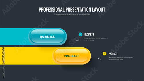 Sales Profile 2 Element Infographic Slideshow Design. Business Proposal Two Option Diagram Presentation Layout. Marketing Launch Slide Template Vector Illustration.