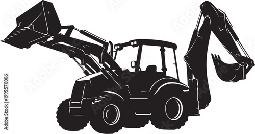 Black silhouette backhoe loader, construction vehicle icon, heavy equipment illustration, industrial tractor