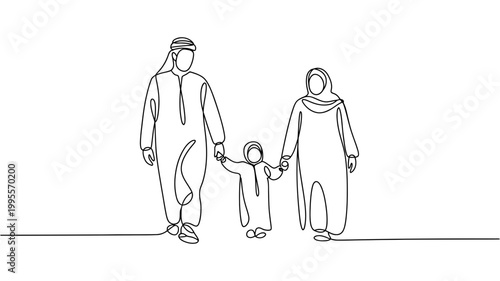 Continuous line drawing of a muslim family holding hands walking together with tradition together minimalist