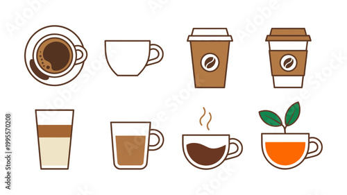 Collection of illustrated coffee and tea cups and mugs with various designs and beverages, espresso