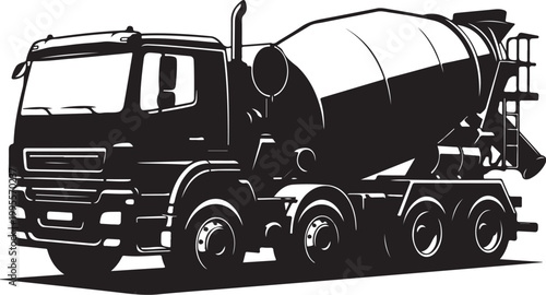 Cement mixer truck, construction vehicle, industrial illustration, black silhouette