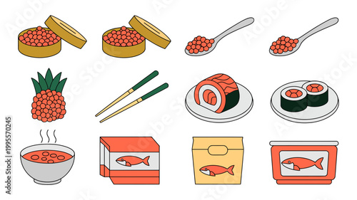 Seafood and japanese food icons: roe sushi pineapple chopsticks fish packaging with pineapple, chopsticks
