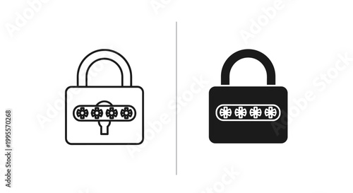 Minimalist padlock icon set with password code, digital security lock symbols in outline and solid styles, cybersecurity vector for web protection