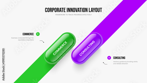 Corporate Forecast Two Option Diagram Slideshow Layout. Service Showcase Slide Design Vector Illustration. Professional Campaign 2 Element Infographic Presentation Template.