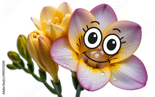 Whimsical freesia flower with a cartoon face bright and cheerful